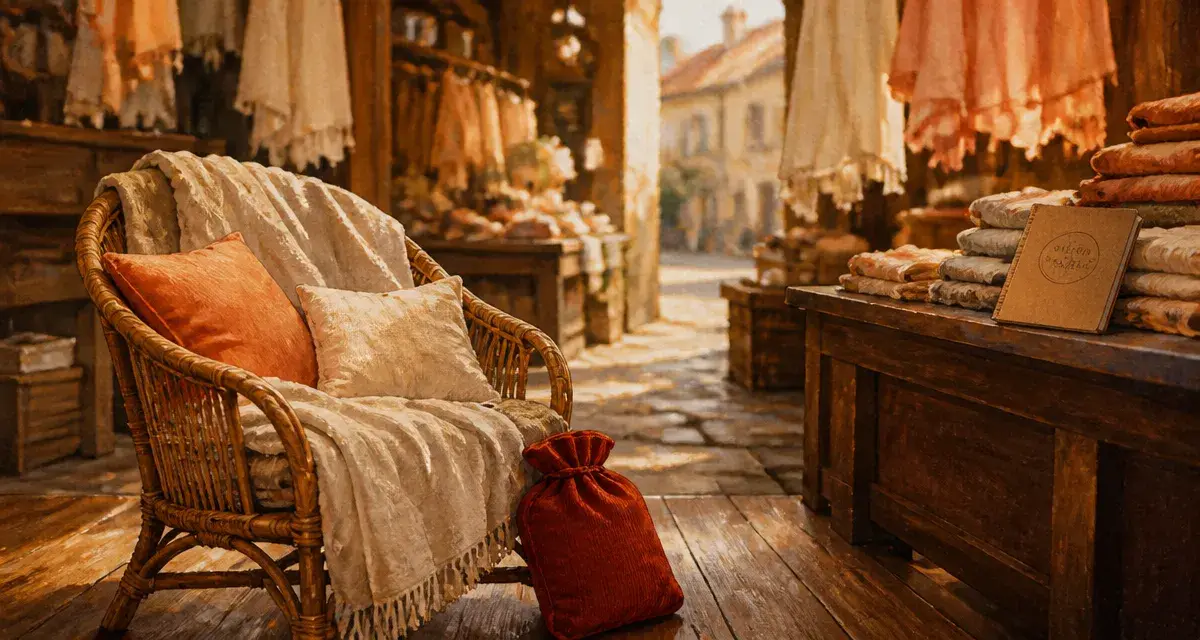 Maison de vacances déco catalogue : fauteuil en rotin bohème au marché couvert