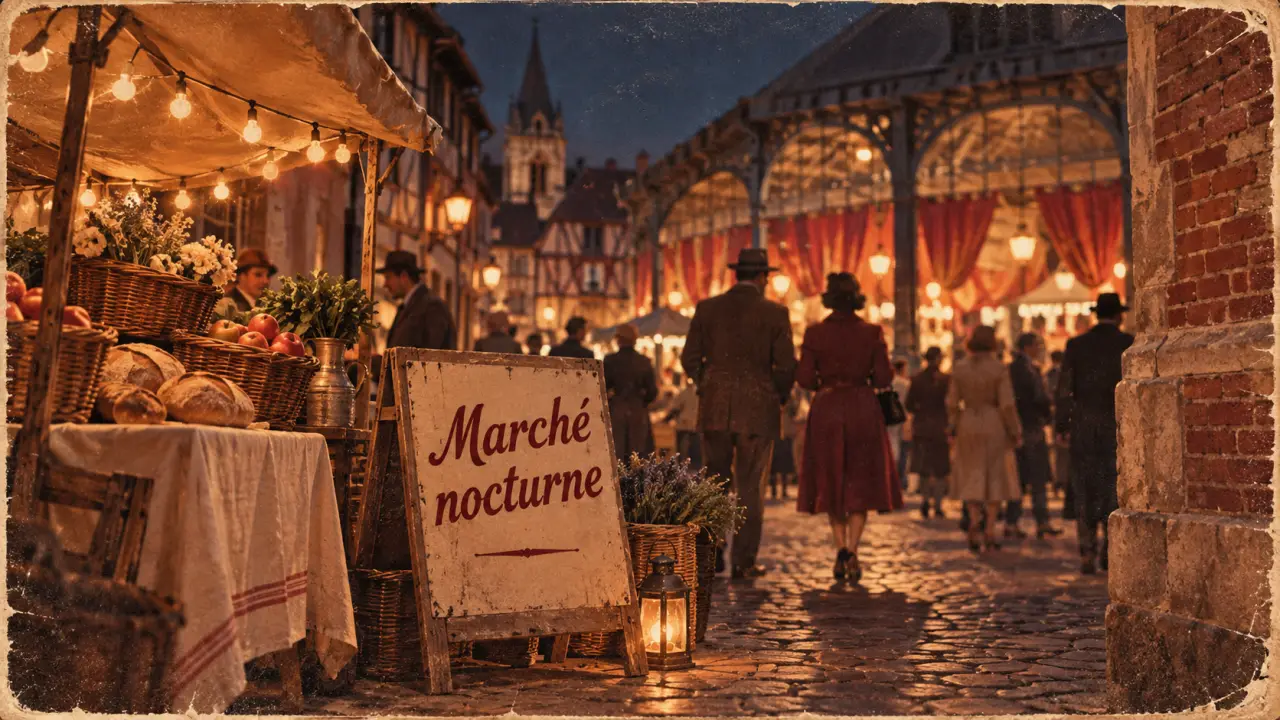 Marché nocturne Troyes autour des Halles, ruelle et étal nocturne