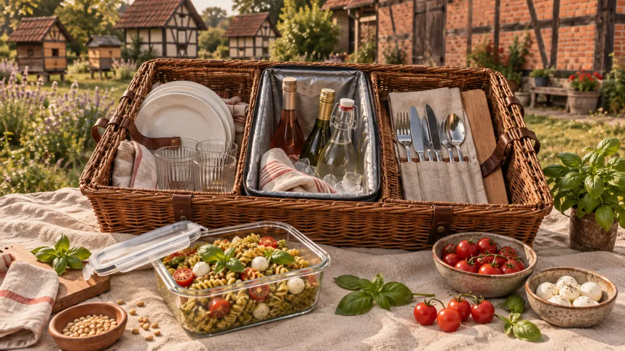 Panier picnic en osier, pique-nique idéal sur nappe beige