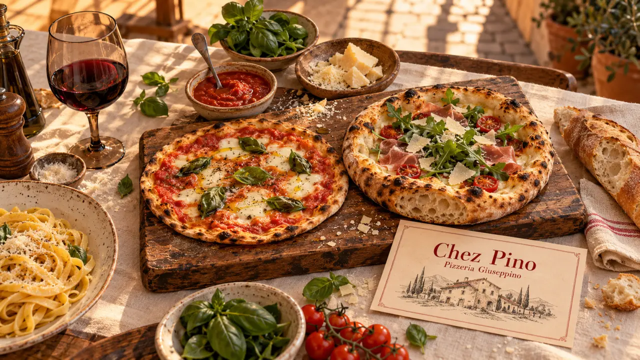 Restaurant pino troyes : 2 pâtes à pizza et pasta, bols de sauce et basilic