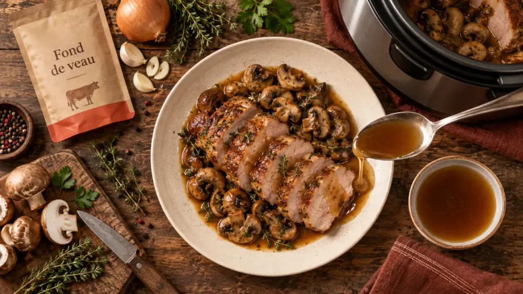 Rôti de porc Cookeo fond de veau champignons : une sauce nappante, sans viande sèche