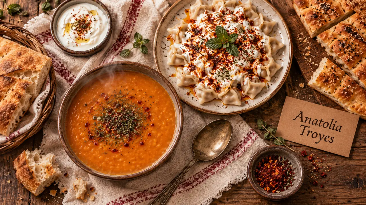 anatolia restaurant troyes : manti, pide et desserts turcs sur table