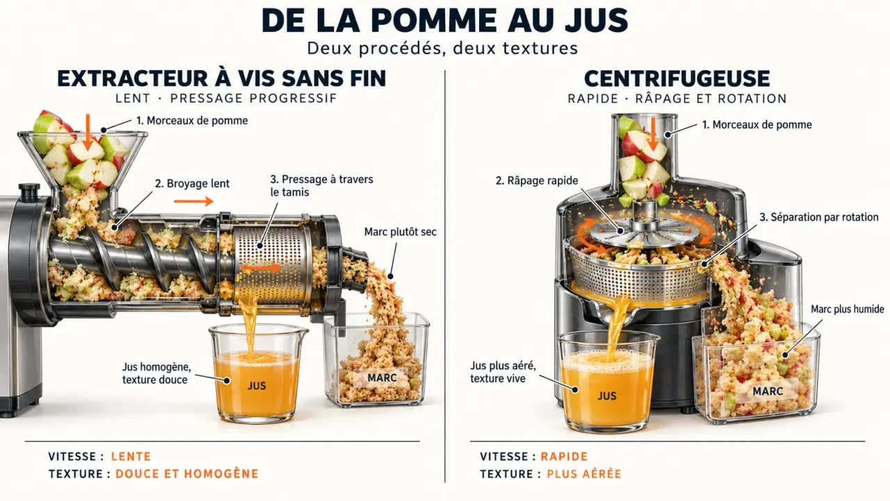 Extracteur de jus de pomme à vis sans fin comparé à une centrifugeuse
