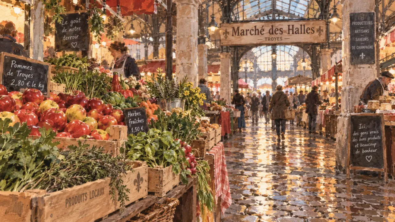 Entrée du marché des halles troyes, étal de primeurs et allée couverte